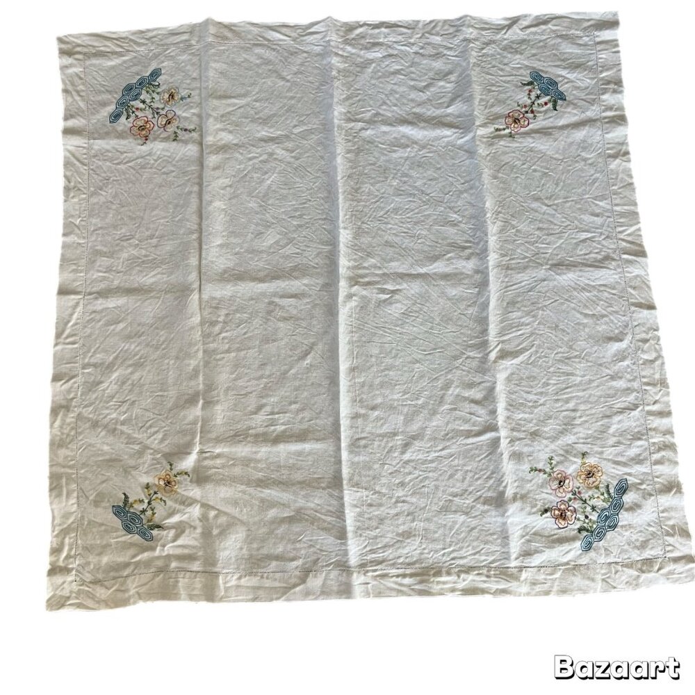 Vintage Hand Embroidered Linen Tablecloth Floral Design